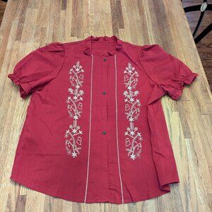 Women's XL Shein Red Button Up w/ Cream Embroidery Puffy Sleeves